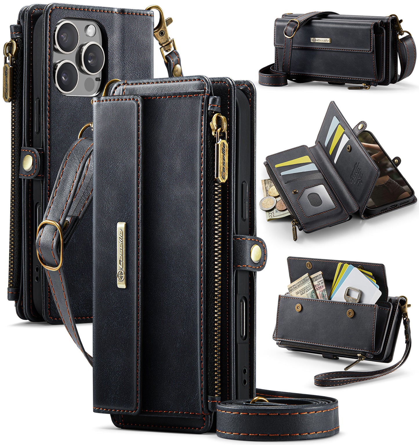 New RFID Blocking Zipper Wallet Supports Wireless Charging with Long and Short Lanyard Leather Phone Case for iPhone16/16e/16 Pro/16 Plus/16 Pro Max