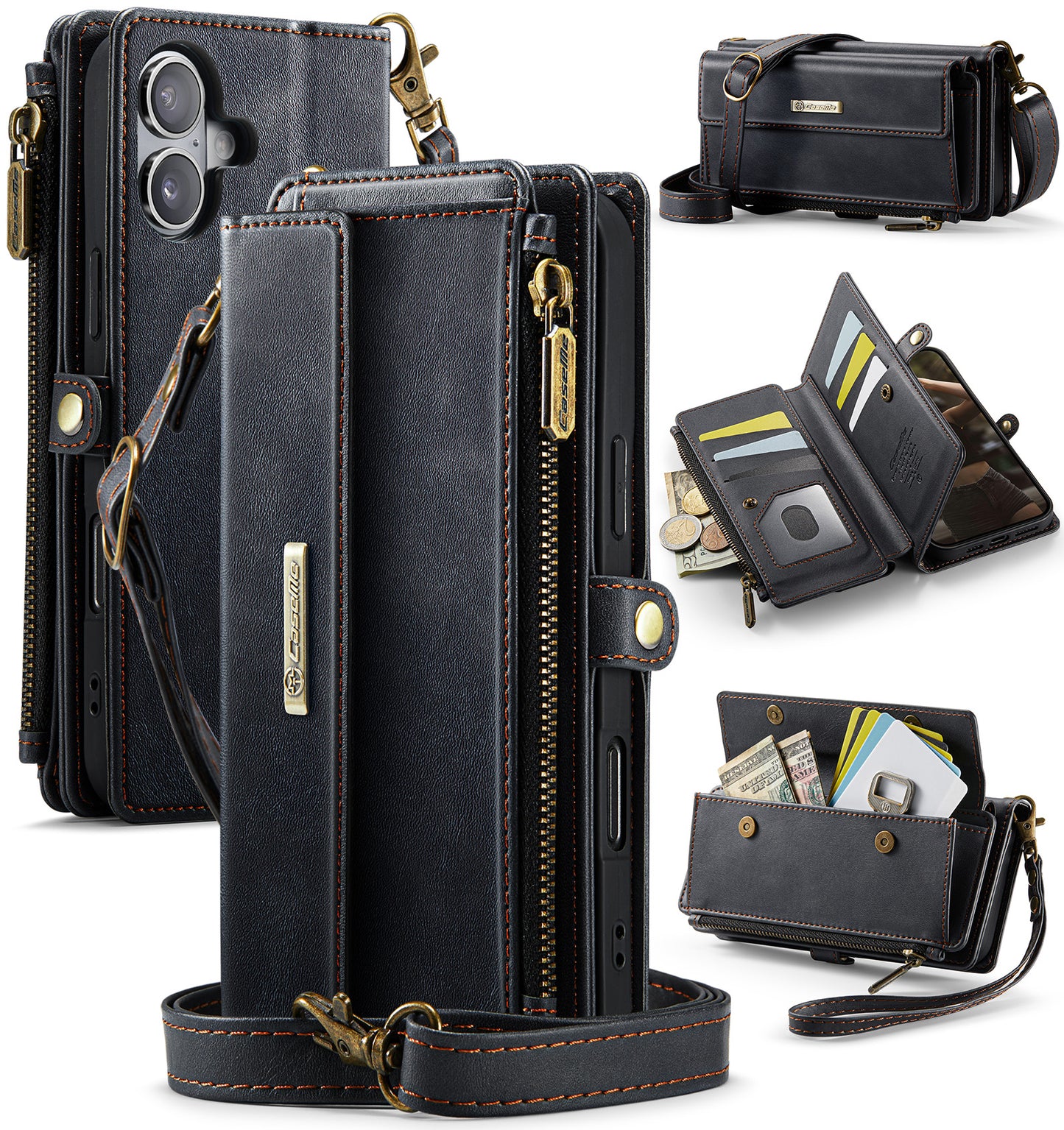 New RFID Blocking Zipper Wallet Supports Wireless Charging with Long and Short Lanyard Leather Phone Case for iPhone16/16e/16 Pro/16 Plus/16 Pro Max