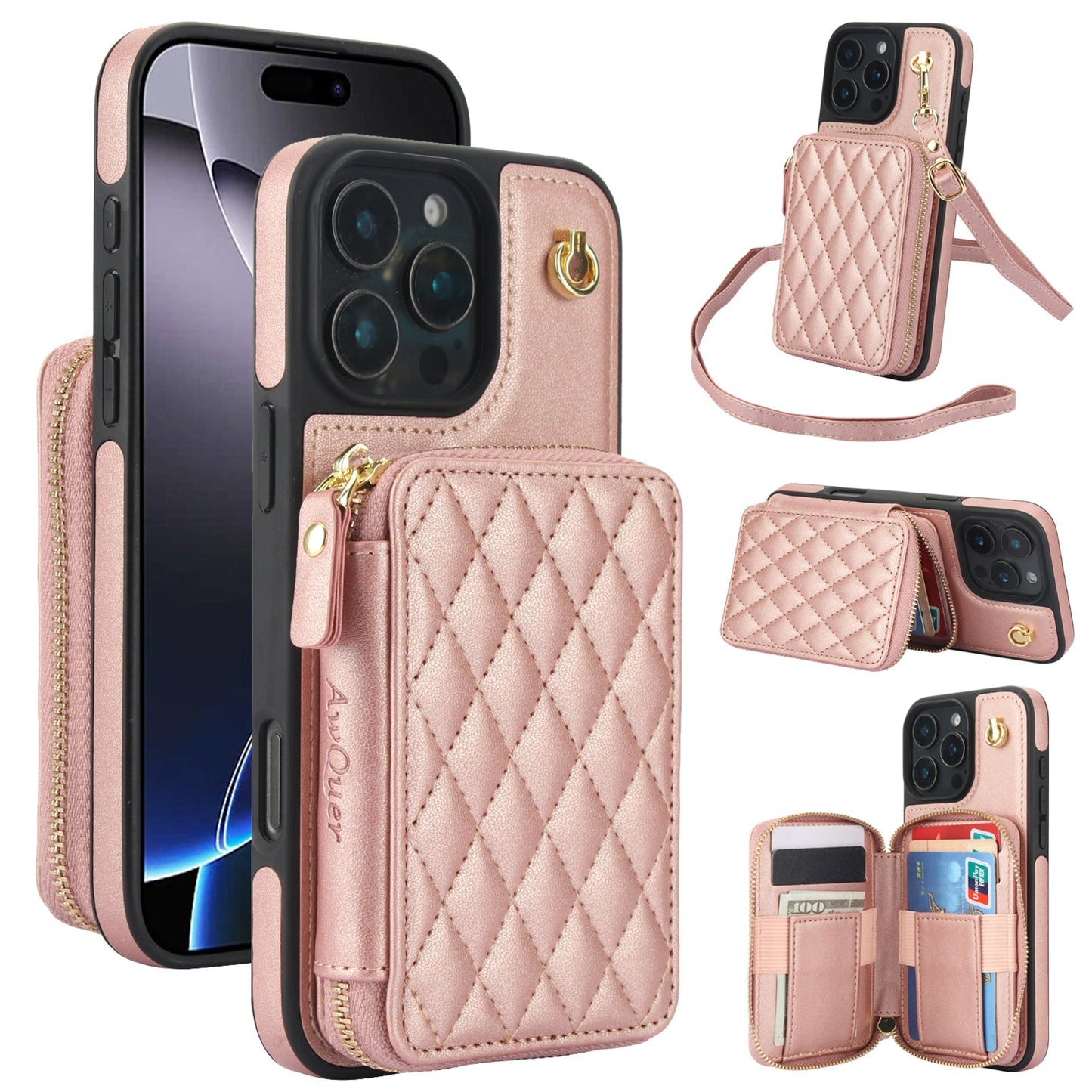 New RFID Blocking Crossbody Zipper Wallet Leather Phone Case for iPhone 16/16e/16 Pro/16 Plus/16 Pro Max