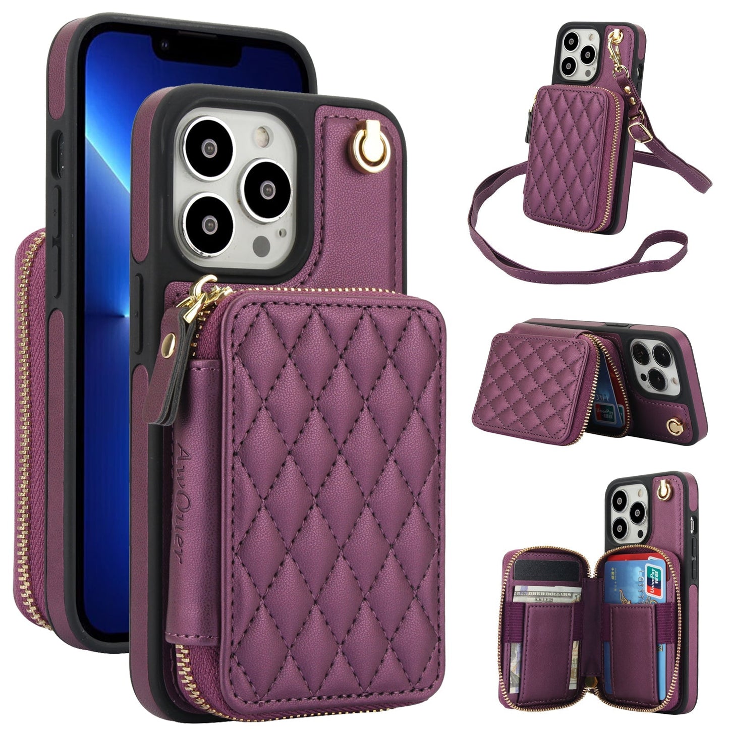New RFID Blocking Crossbody Zipper Wallet Leather Phone Case for iPhone 12/12 Pro/12 Mini/12 Pro Max