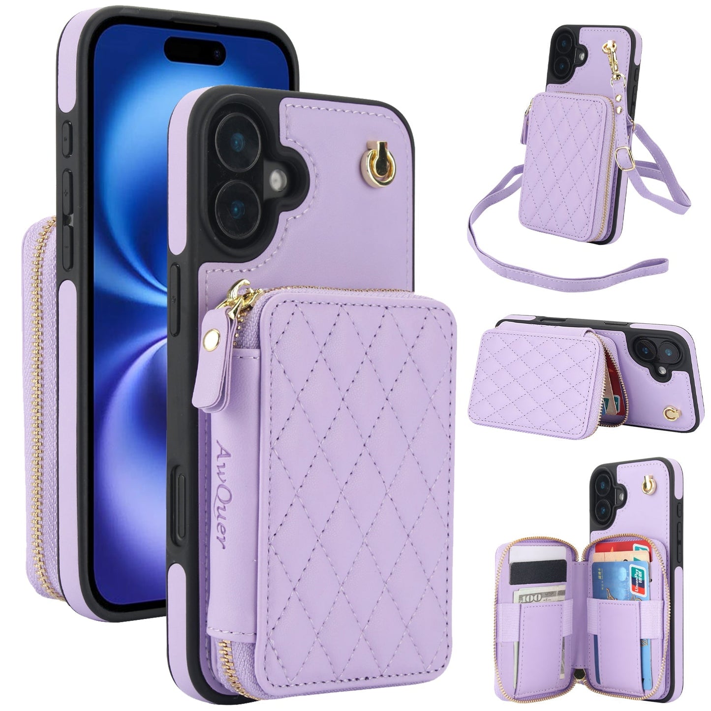 New RFID Blocking Crossbody Zipper Wallet Leather Phone Case for iPhone 16/16e/16 Pro/16 Plus/16 Pro Max