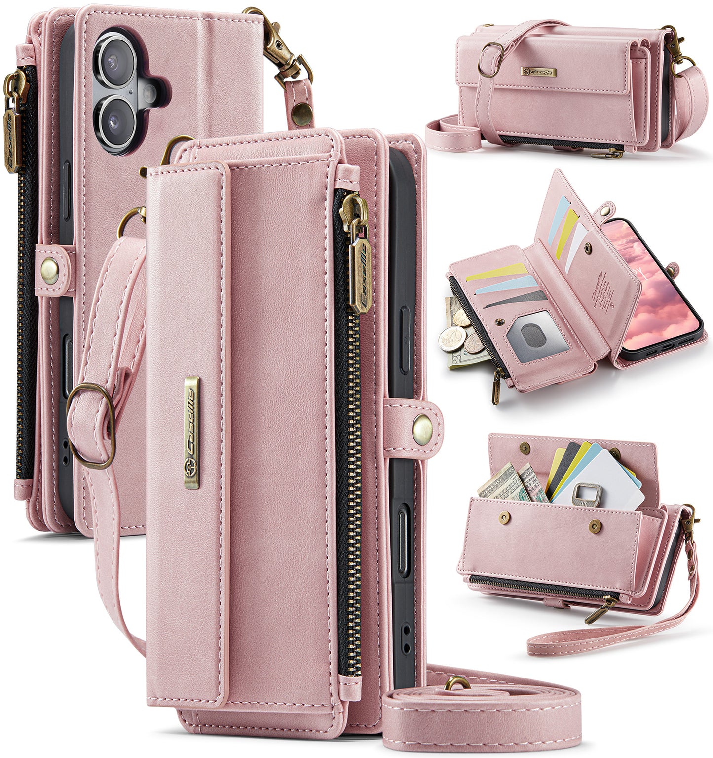 New RFID Blocking Zipper Wallet Supports Wireless Charging with Long and Short Lanyard Leather Phone Case for iPhone16/16e/16 Pro/16 Plus/16 Pro Max