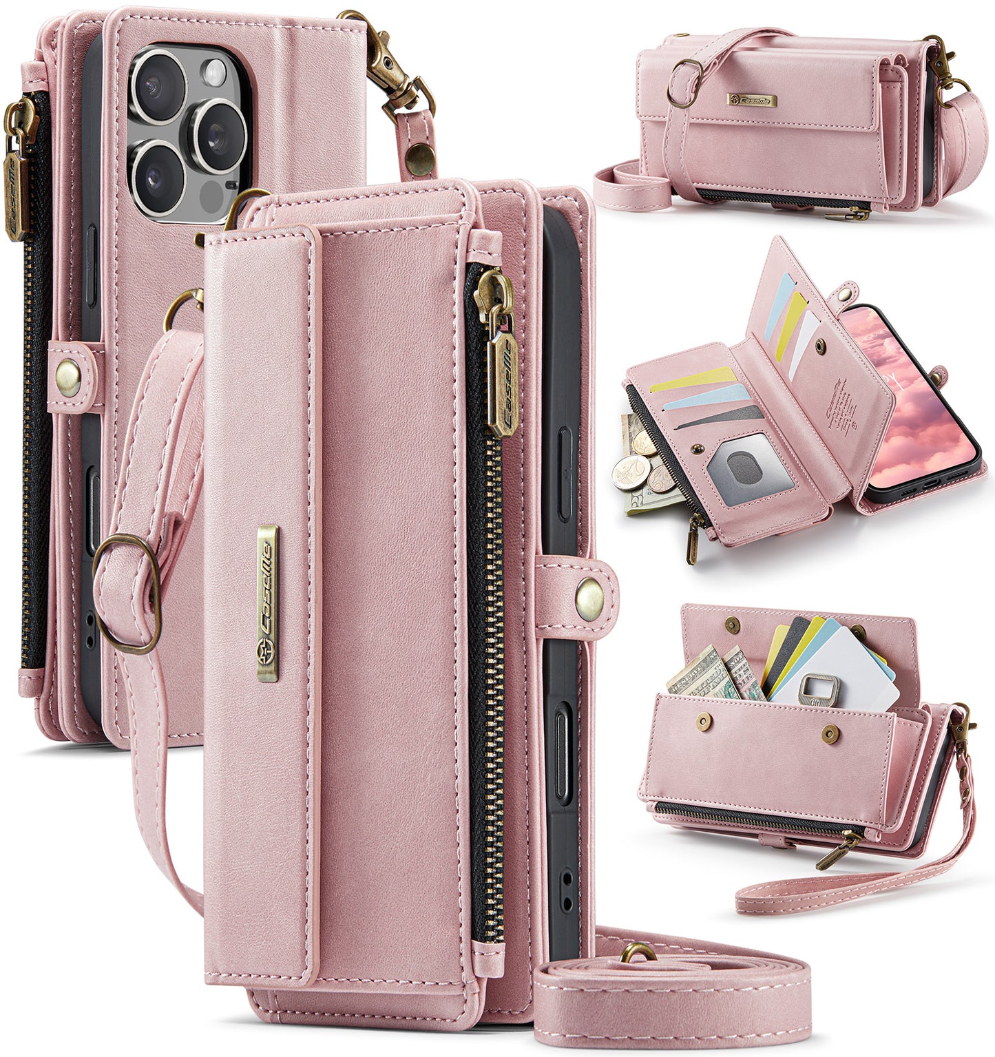 New RFID Blocking Zipper Wallet Supports Wireless Charging with Long and Short Lanyard Leather Phone Case for iPhone16/16e/16 Pro/16 Plus/16 Pro Max