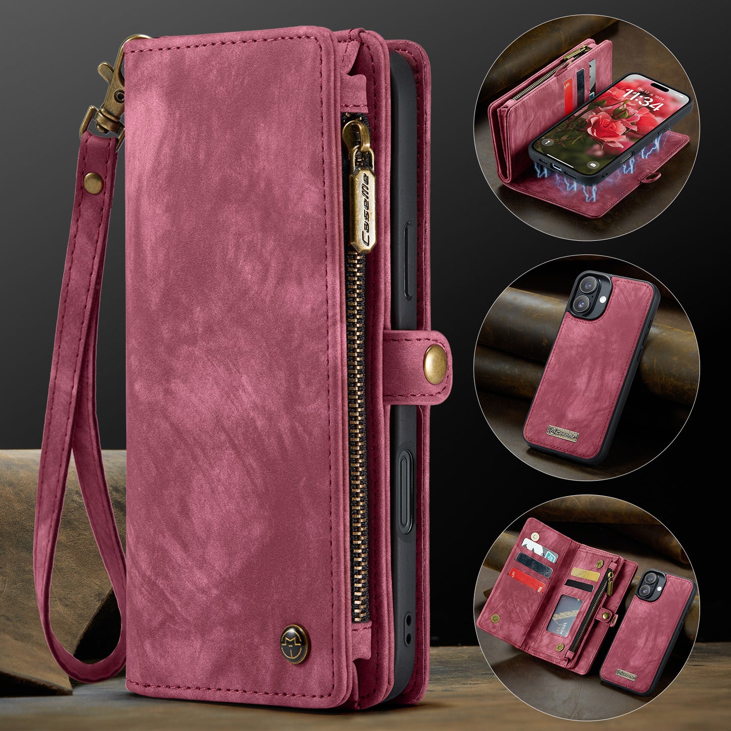 New Zipper Wallet Wireless Charging Leather Phone Case for iPhone 16 Pro Max
