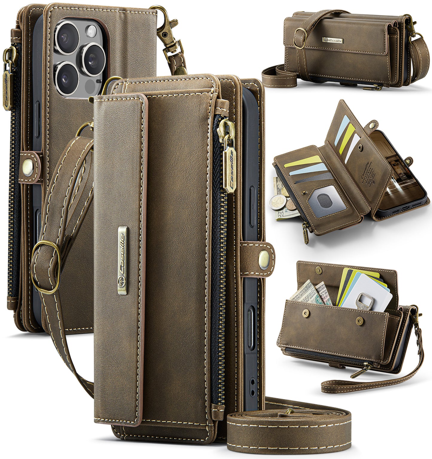 New RFID Blocking Zipper Wallet Supports Wireless Charging with Long and Short Lanyard Leather Phone Case for iPhone16/16e/16 Pro/16 Plus/16 Pro Max