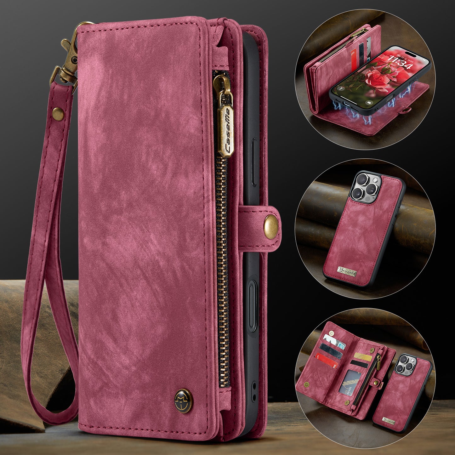 New Zipper Wallet Wireless Charging Leather Phone Case for iPhone 16 Pro Max