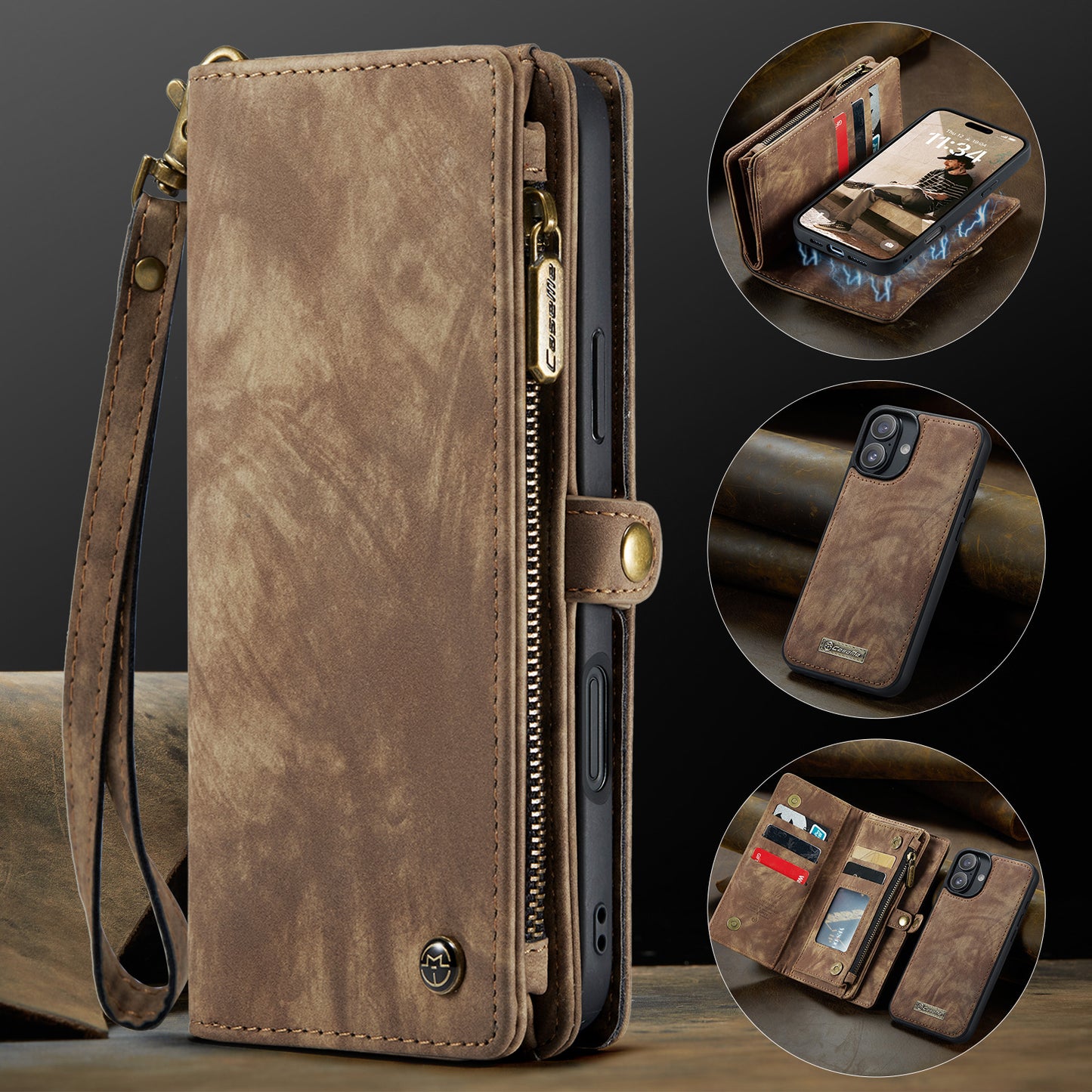 New Zipper Wallet Wireless Charging Leather Phone Case for iPhone 16 Pro Max