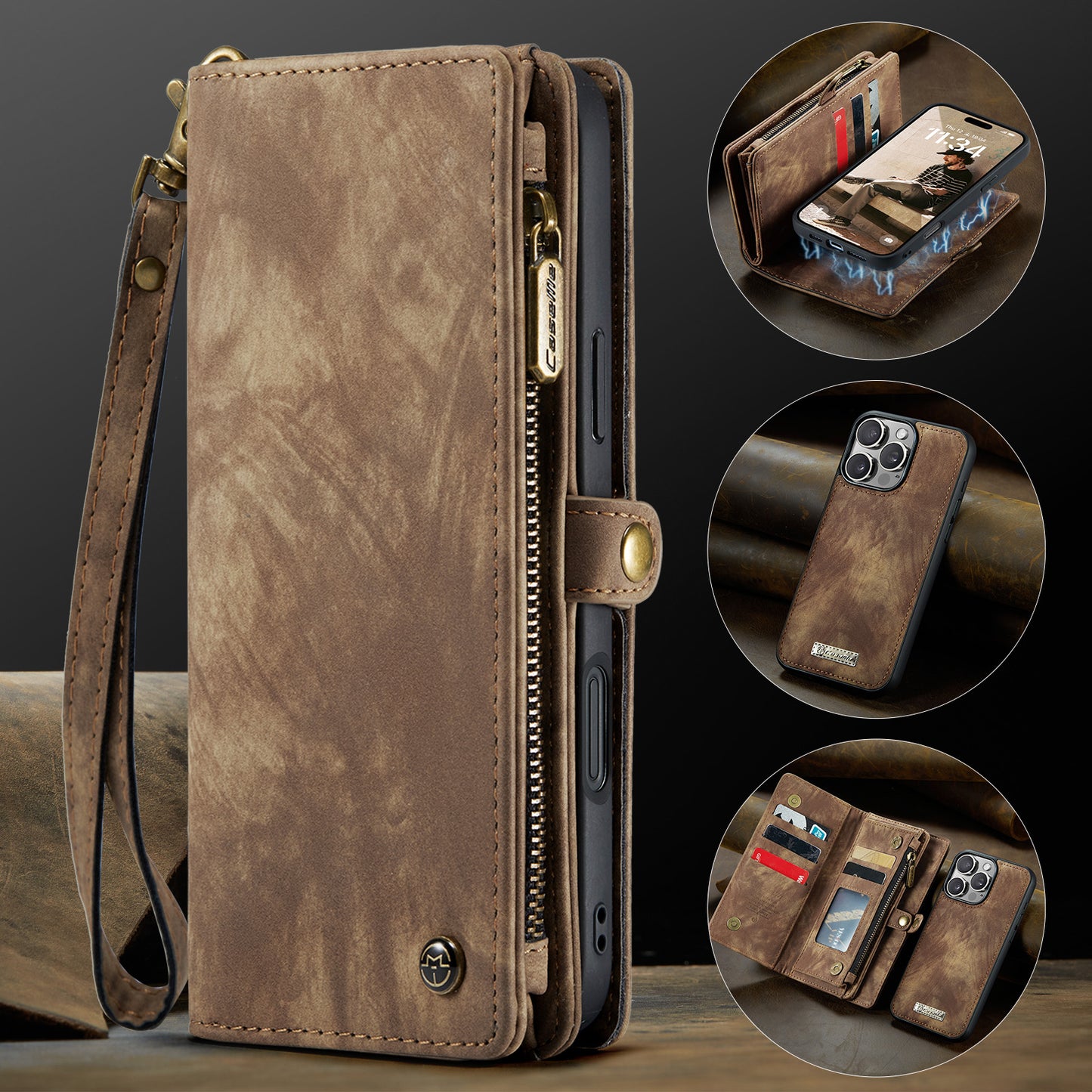 New Zipper Wallet Wireless Charging Leather Phone Case for iPhone 16 Pro Max