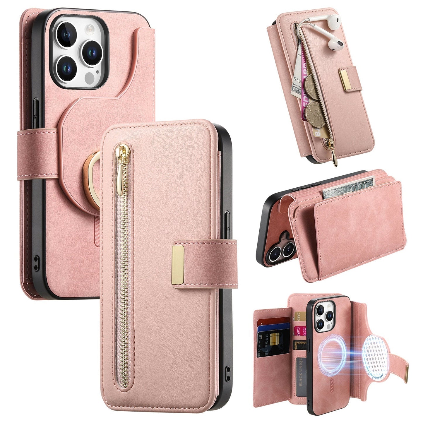 New RFID Blocking Zipper Wallet Magnetic Leather Phone Case for iPhone