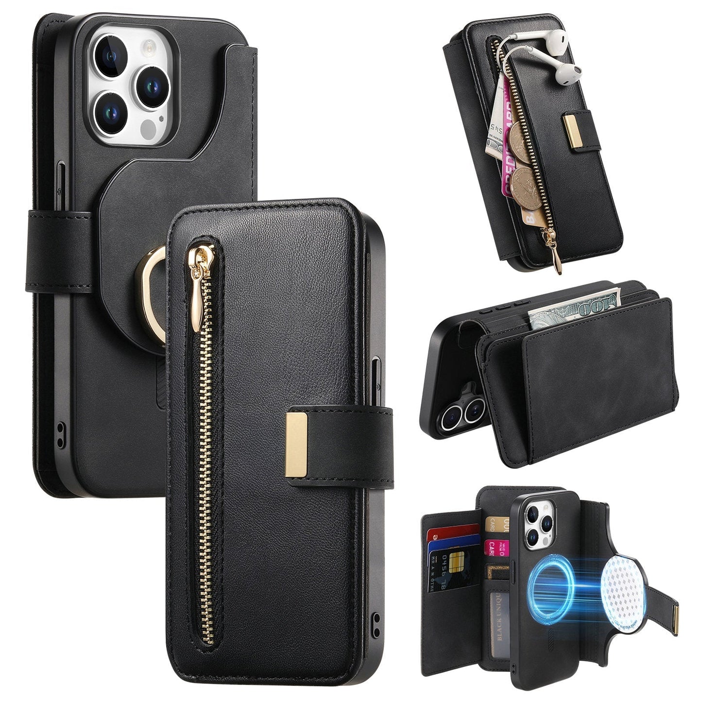 New RFID Blocking Zipper Wallet Magnetic Leather Phone Case for iPhone
