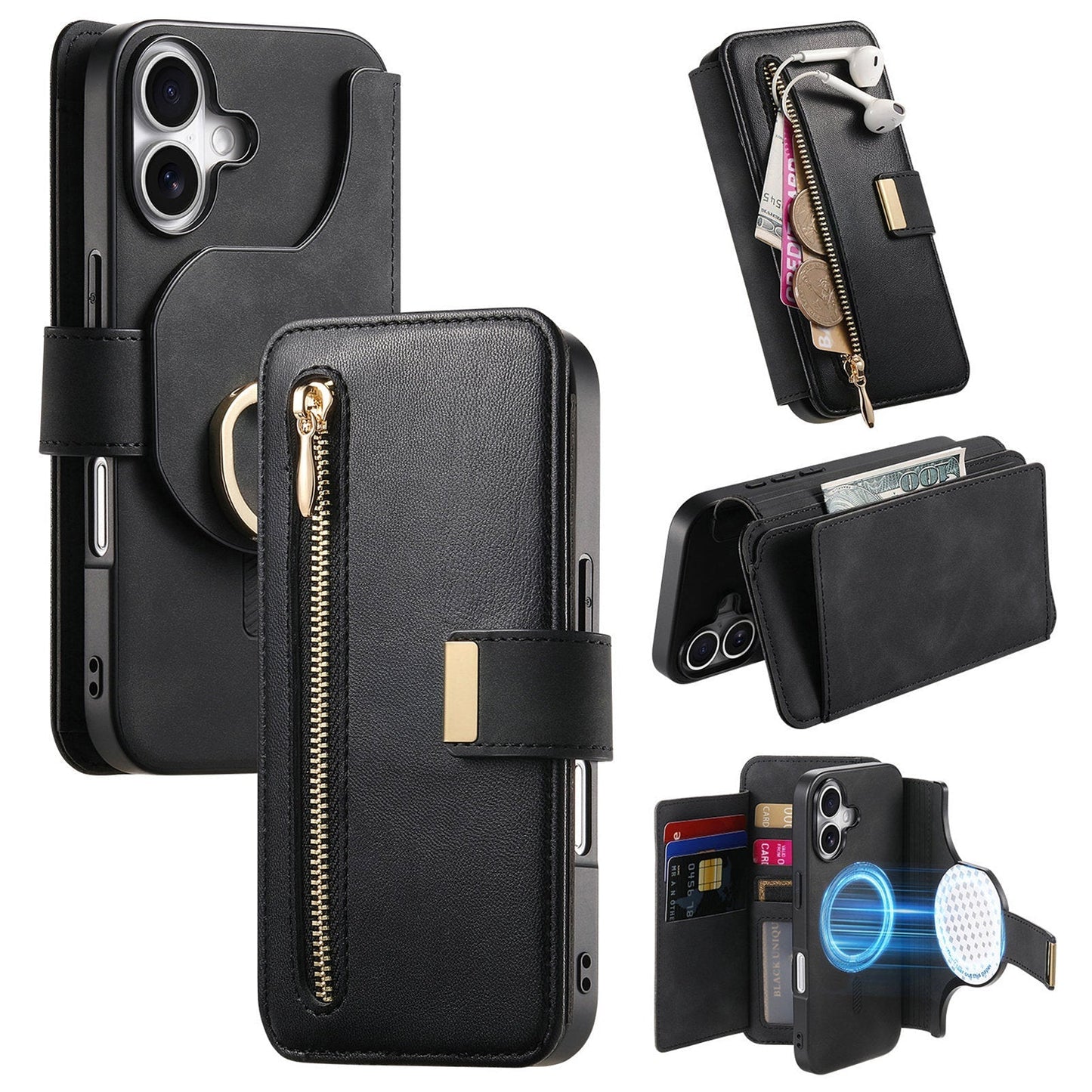 New RFID Blocking Zipper Wallet Magnetic Leather Phone Case for iPhone 16/16 Pro/16 Plus/16 Pro Max