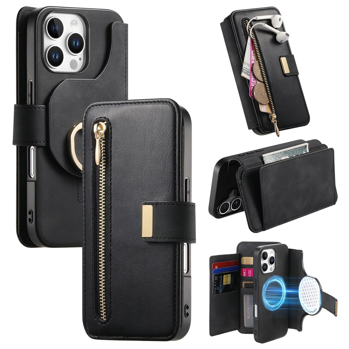New RFID Blocking Zipper Wallet Magnetic Leather Phone Case for iPhone 16/16 Pro/16 Plus/16 Pro Max