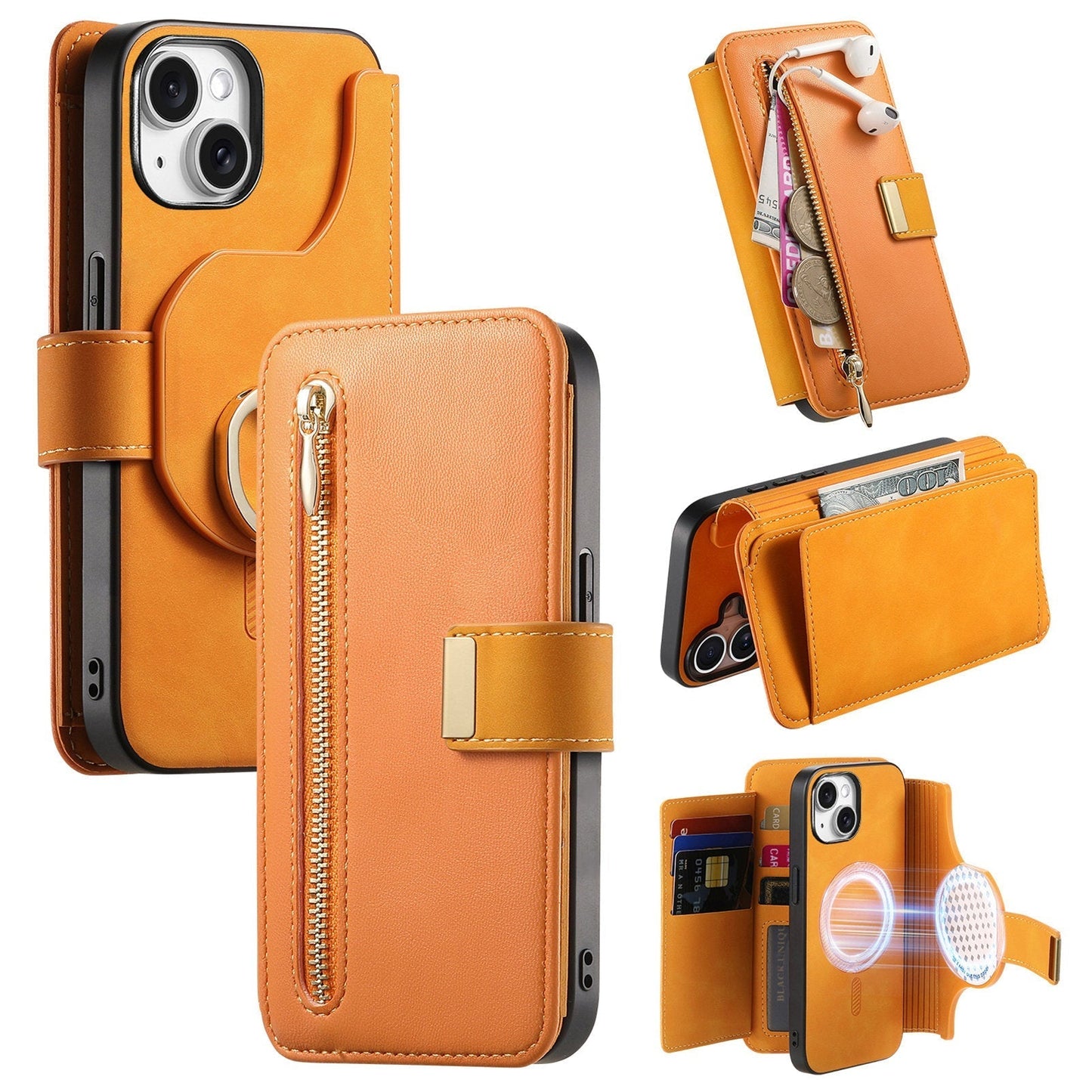 New RFID Blocking Zipper Wallet Magnetic Leather Phone Case for iPhone