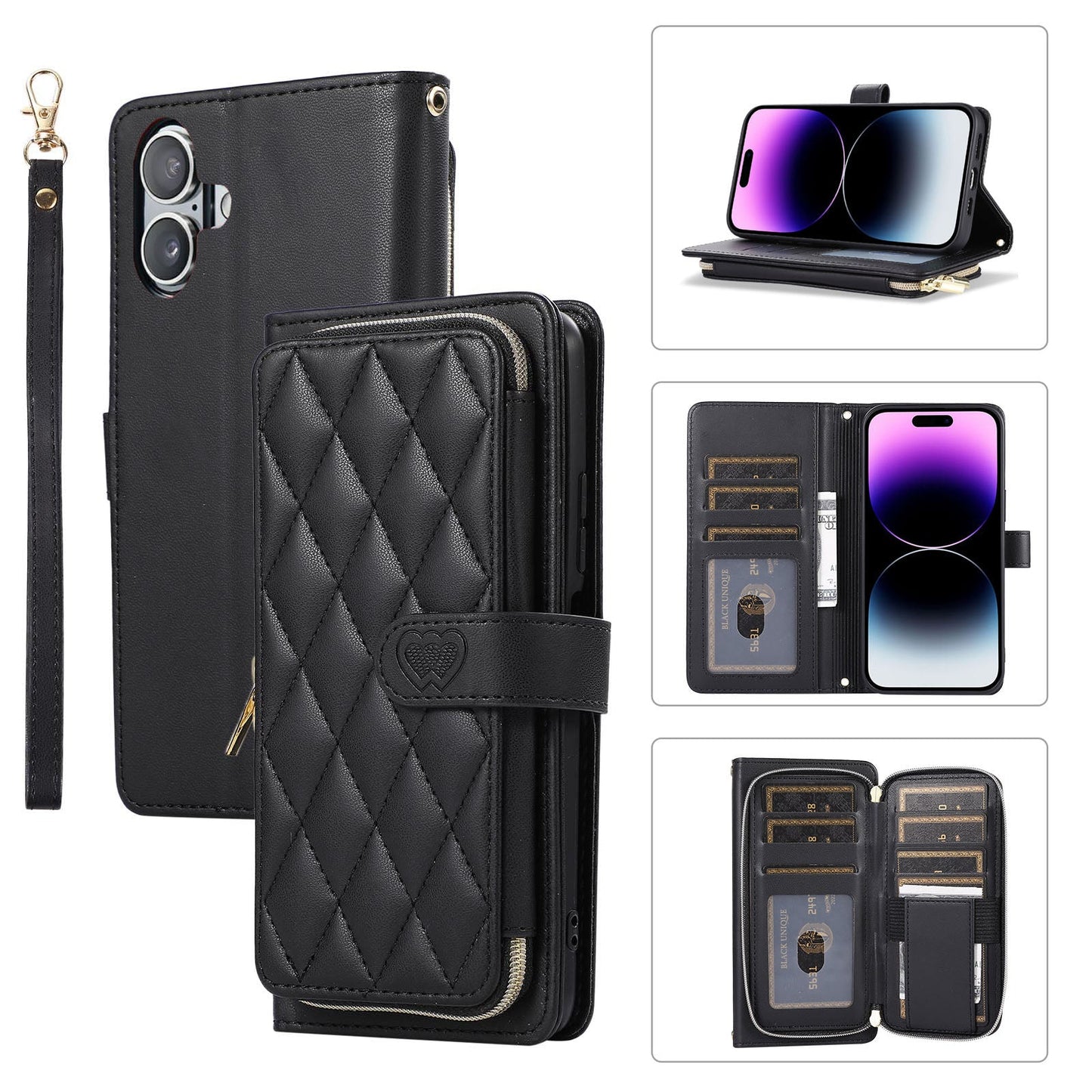 New Zipper Wallet Leather Card Holder Phone Case for iPhone 16 Pro Max