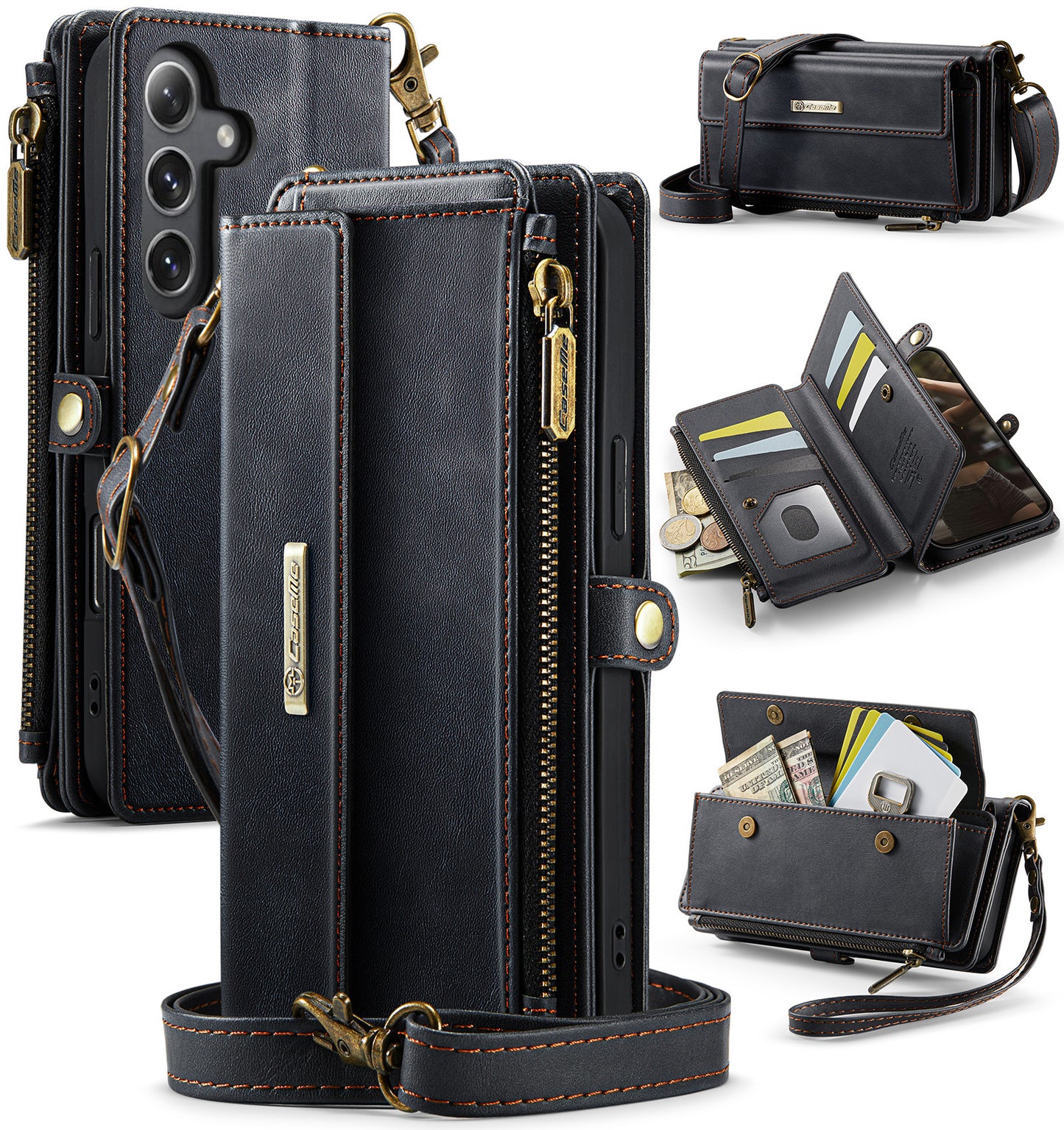 New RFID Blocking Zipper Wallet Supports Wireless Charging with Long and Short Lanyard Leather Phone Case for Samsung Galaxy A