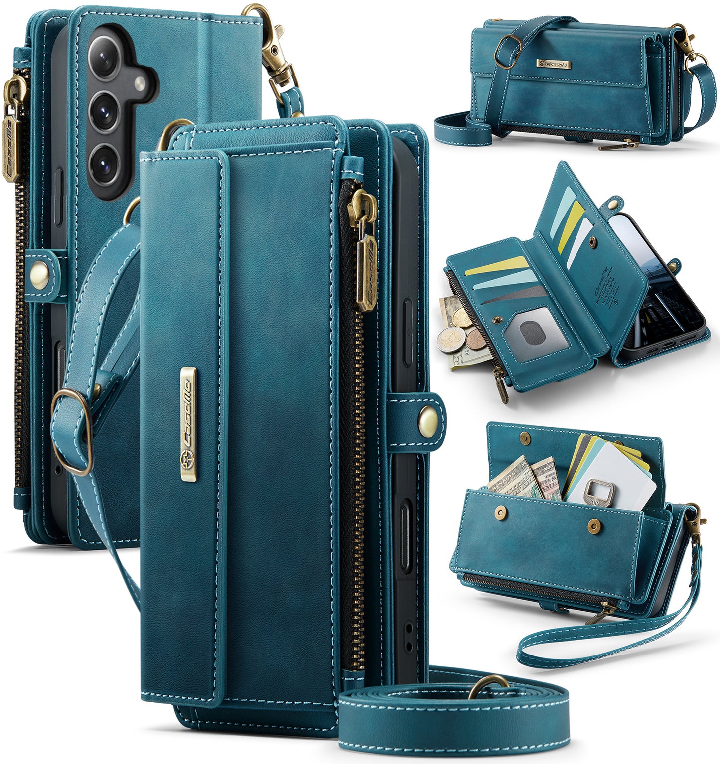 New RFID Blocking Zipper Wallet Supports Wireless Charging with Long and Short Lanyard Leather Phone Case for Samsung Galaxy A