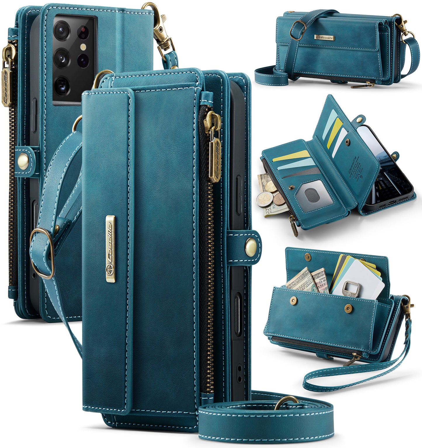 New RFID Blocking Zipper Wallet Supports Wireless Charging with Long and Short Lanyard Leather Phone Case for Samsung