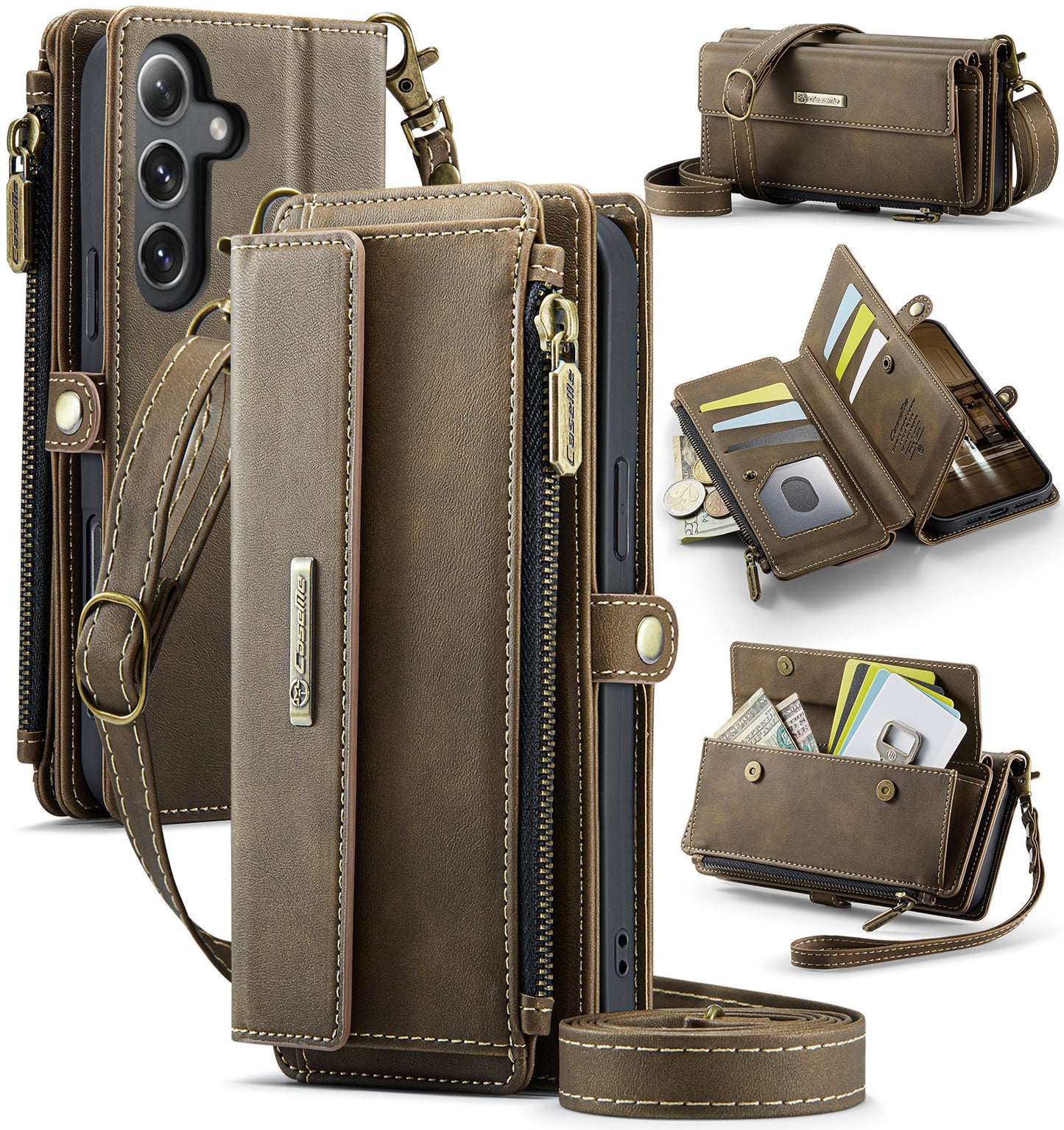 New RFID Blocking Zipper Wallet Supports Wireless Charging with Long and Short Lanyard Leather Phone Case for Samsung Galaxy A