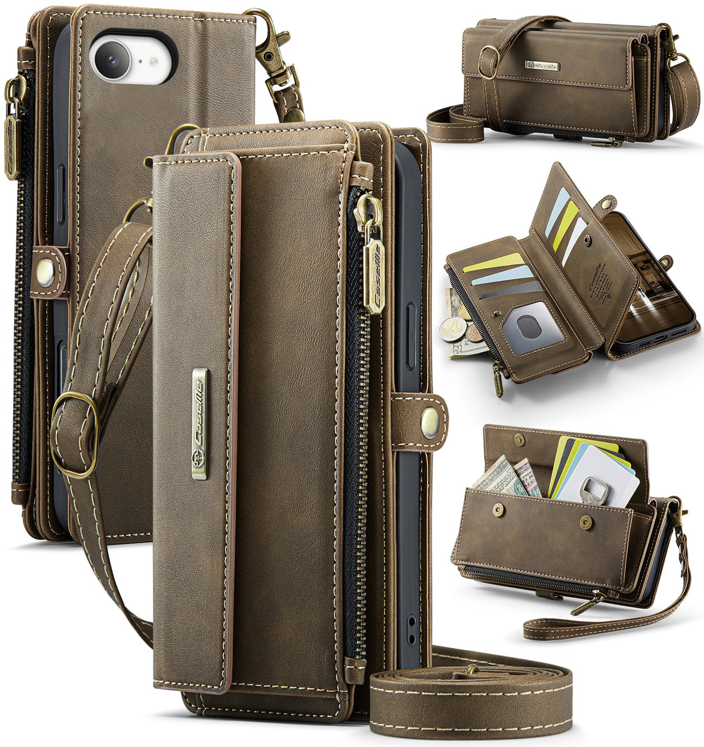 New RFID Blocking Zipper Wallet Supports Wireless Charging with Long and Short Lanyard Leather Phone Case for iPhone16/16e/16 Pro/16 Plus/16 Pro Max