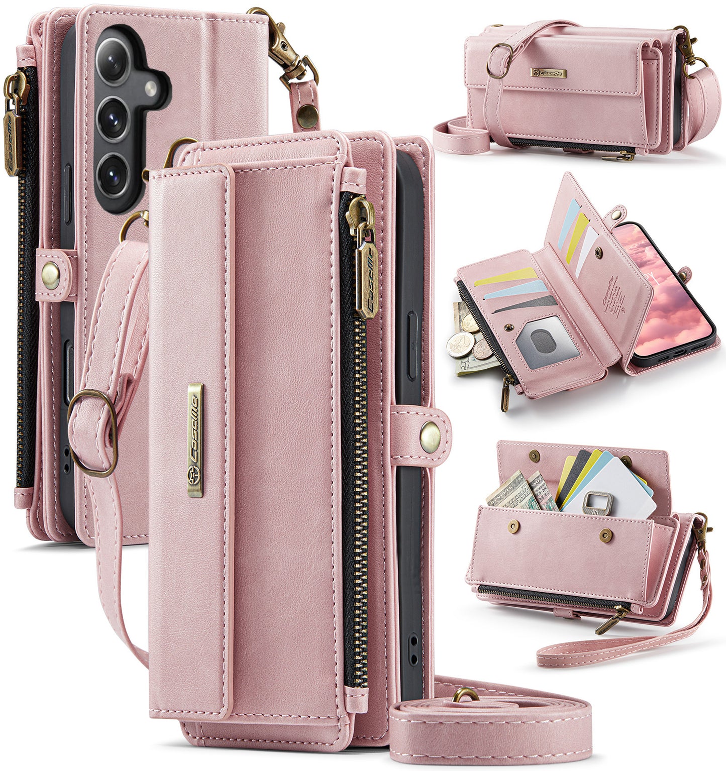 New RFID Blocking Zipper Wallet Supports Wireless Charging with Long and Short Lanyard Leather Phone Case for Samsung Galaxy A