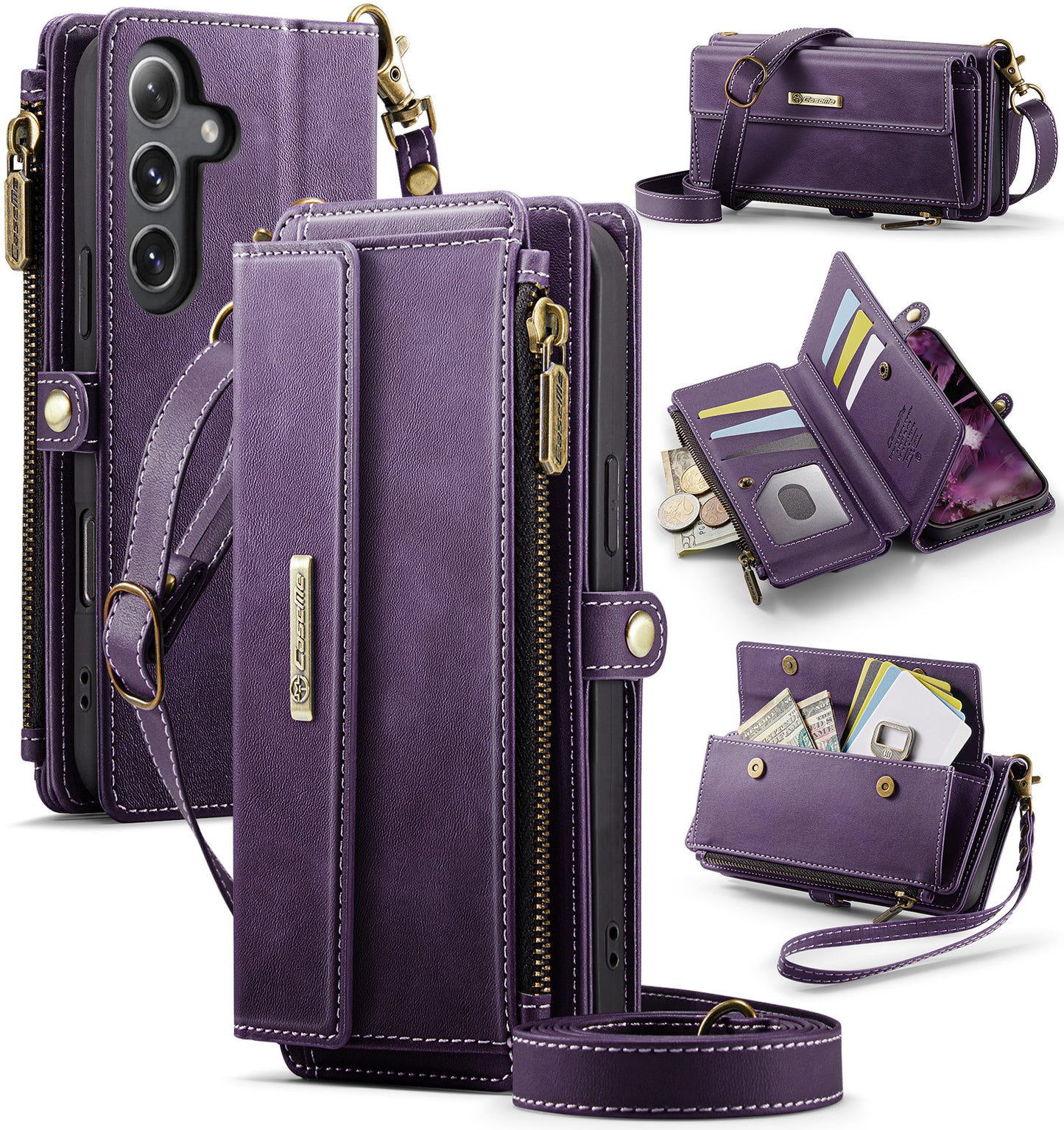 New RFID Blocking Zipper Wallet Supports Wireless Charging with Long and Short Lanyard Leather Phone Case for Samsung Galaxy A
