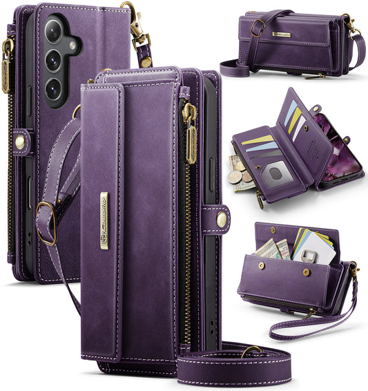 New RFID Blocking Zipper Wallet Supports Wireless Charging with Long and Short Lanyard Leather Phone Case for Samsung Galaxy A