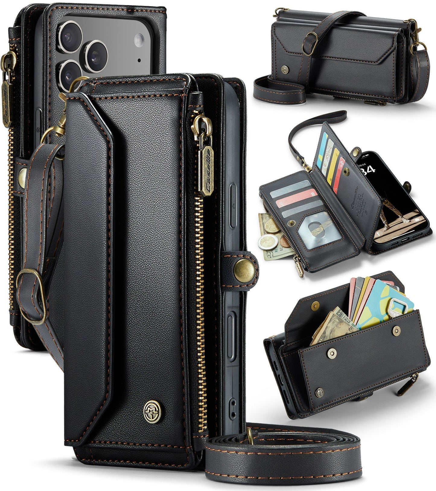 New RFID Blocking Zipper Wallet Supports Wireless Charging with Long and Short Lanyard Leather Phone Case for iPhone Air/17/17 Pro/17 Pro Max