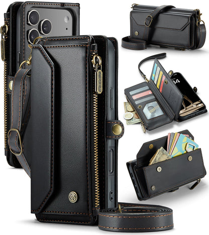 New RFID Blocking Zipper Wallet Supports Wireless Charging with Long and Short Lanyard Leather Phone Case for iPhone Air/17/17 Pro/17 Pro Max