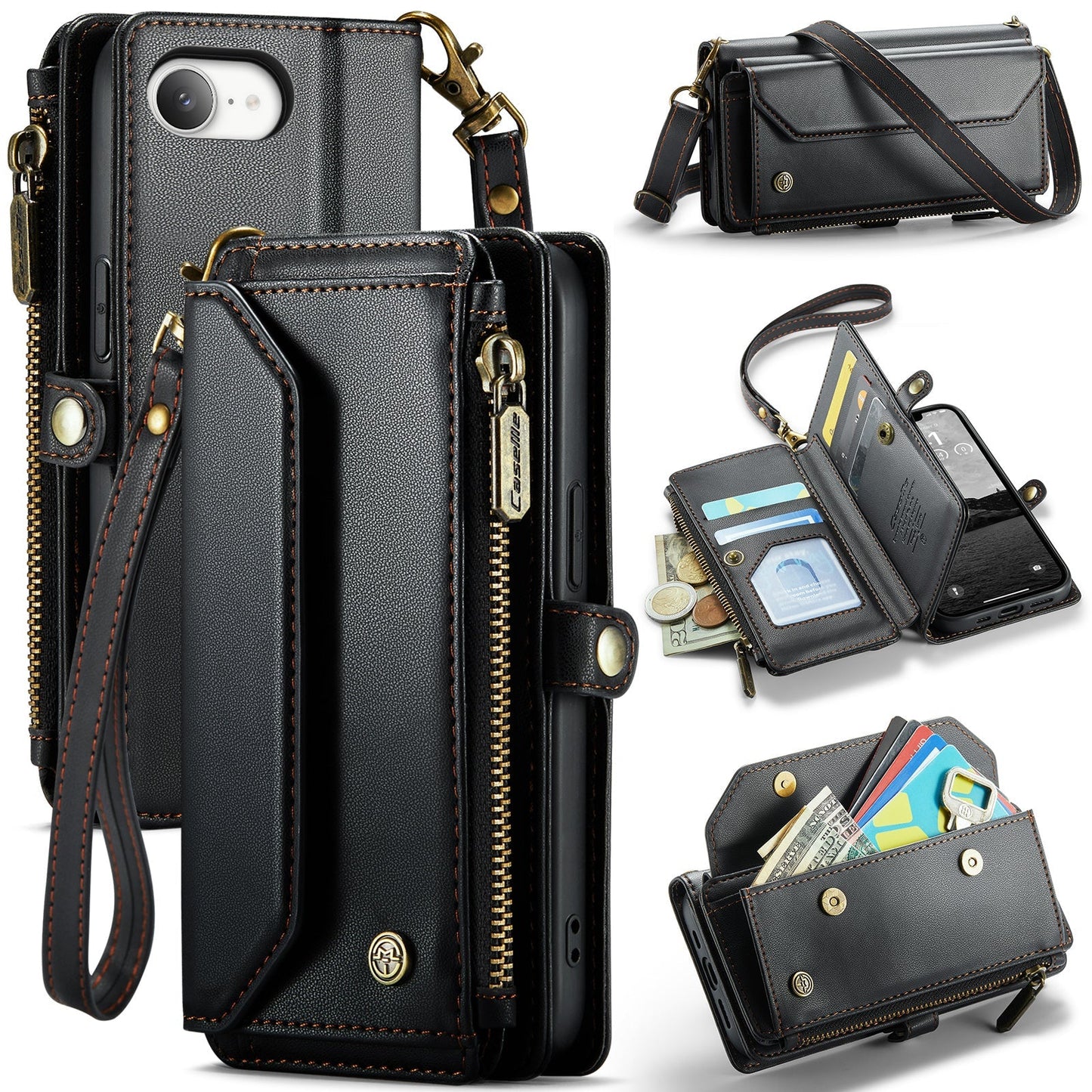 New RFID Blocking Zipper Wallet Supports Wireless Charging with Long and Short Lanyard Leather Phone Case for iPhone16/16e/16 Pro/16 Plus/16 Pro Max