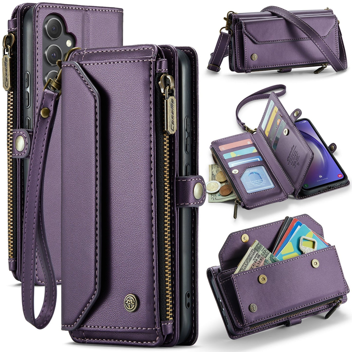 New RFID Blocking Zipper Wallet Supports Wireless Charging with Long and Short Lanyard Leather Phone Case for Samsung Galaxy S25/S25+/S25 Ultra