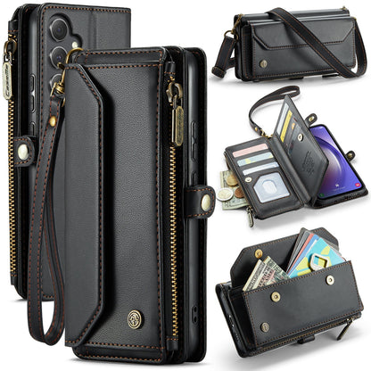 New RFID Blocking Zipper Wallet Supports Wireless Charging with Long and Short Lanyard Leather Phone Case for Samsung Galaxy A