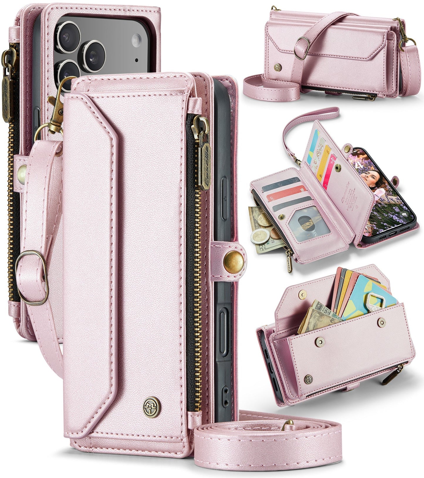 New RFID Blocking Zipper Wallet Supports Wireless Charging with Long and Short Lanyard Leather Phone Case for iPhone Air/17/17 Pro/17 Pro Max