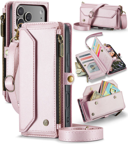 New RFID Blocking Zipper Wallet Supports Wireless Charging with Long and Short Lanyard Leather Phone Case for iPhone Air/17/17 Pro/17 Pro Max