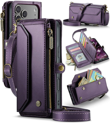 New RFID Blocking Zipper Wallet Supports Wireless Charging with Long and Short Lanyard Leather Phone Case for iPhone Air/17/17 Pro/17 Pro Max