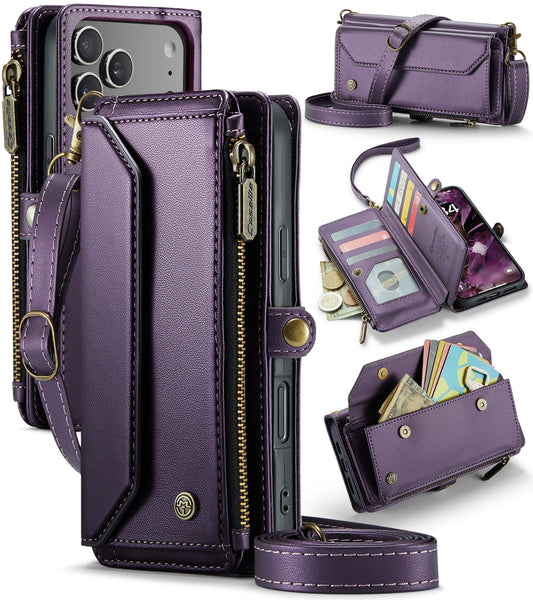 New RFID Blocking Zipper Wallet Supports Wireless Charging with Long and Short Lanyard Leather Phone Case for iPhone Air/17/17 Pro/17 Pro Max