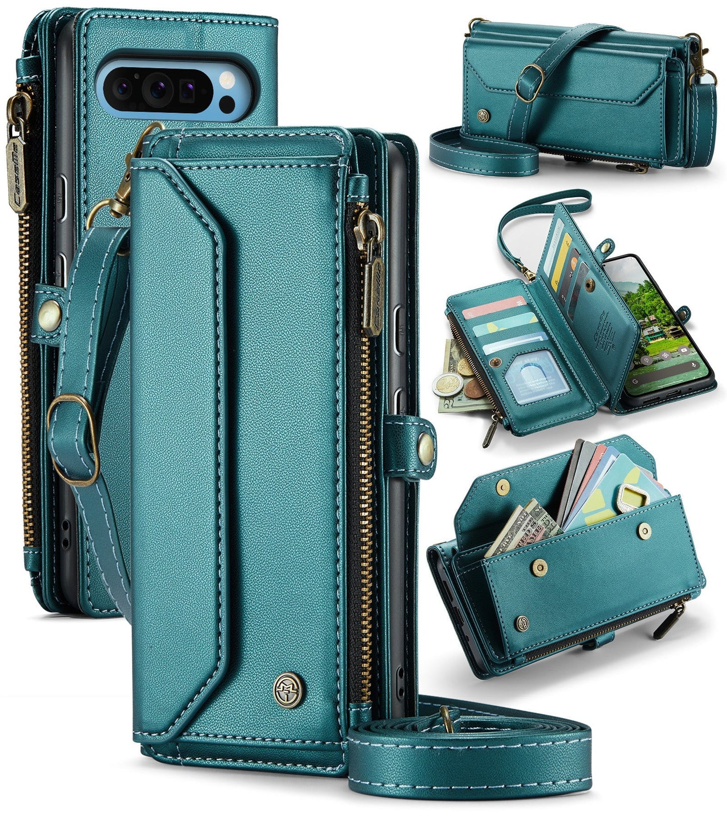 New RFID Blocking Zipper Wallet Supports Wireless Charging with Long and Short Lanyard Leather Phone Case for Google