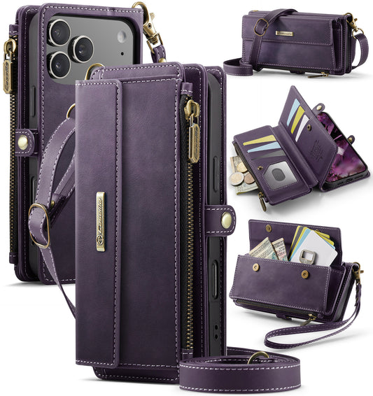 New RFID Blocking Zipper Wallet Supports Wireless Charging with Long and Short Lanyard Leather Phone Case for iPhone Air/17/17 Pro/17 Pro Max