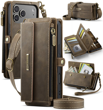 New RFID Blocking Zipper Wallet Supports Wireless Charging with Long and Short Lanyard Leather Phone Case for iPhone Air/17/17 Pro/17 Pro Max