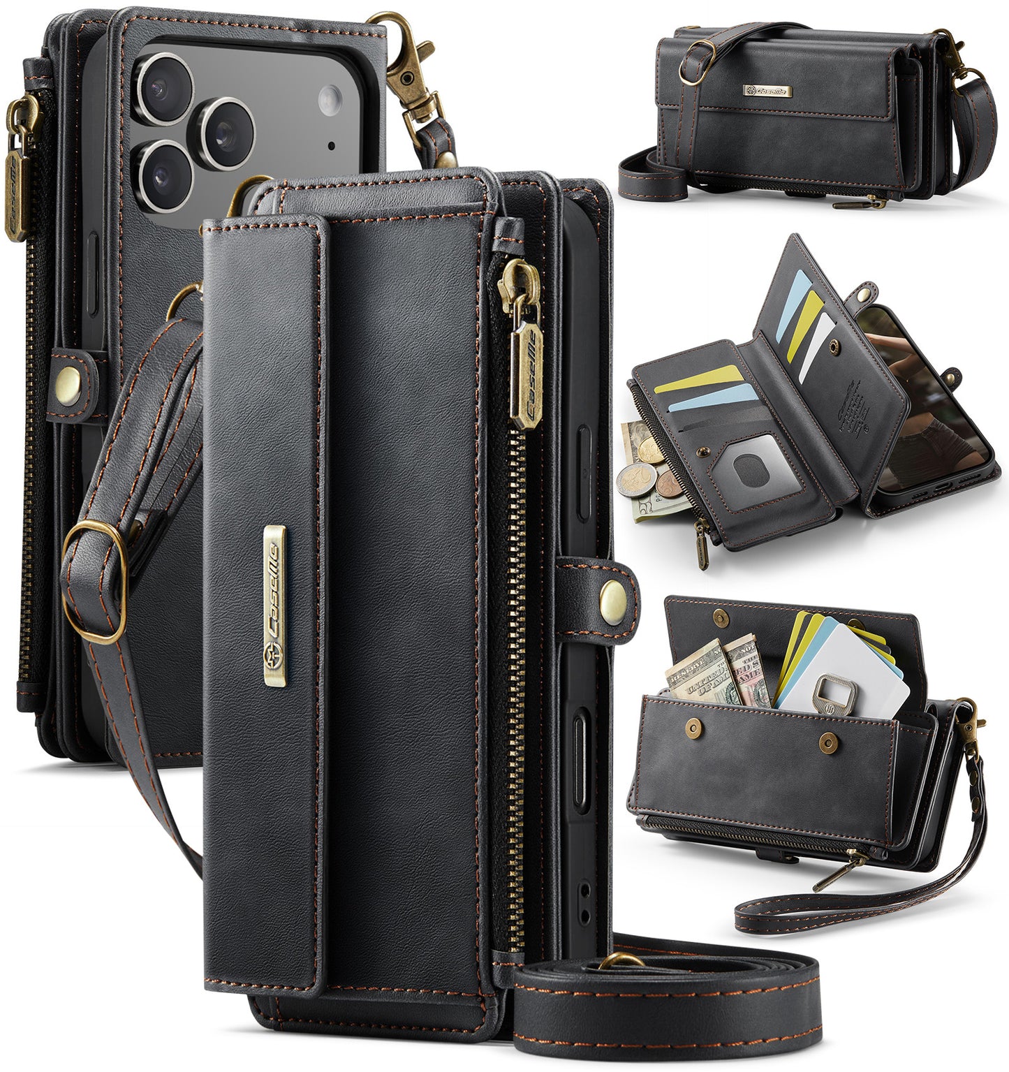 New RFID Blocking Zipper Wallet Supports Wireless Charging with Long and Short Lanyard Leather Phone Case for iPhone Air/17/17 Pro/17 Pro Max