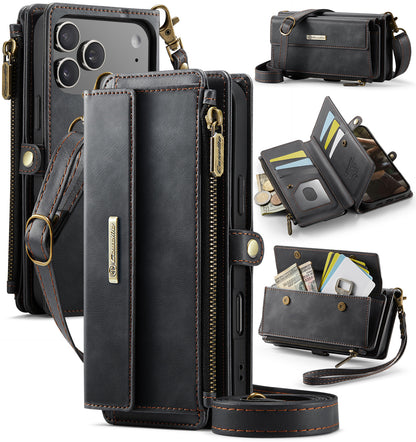 New RFID Blocking Zipper Wallet Supports Wireless Charging with Long and Short Lanyard Leather Phone Case for iPhone Air/17/17 Pro/17 Pro Max