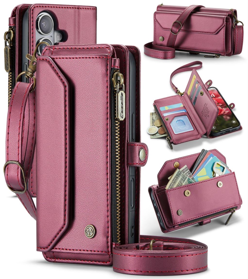 New RFID Blocking Zipper Wallet Supports Wireless Charging with Long and Short Lanyard Leather Phone Case for iPhone16/16e/16 Pro/16 Plus/16 Pro Max