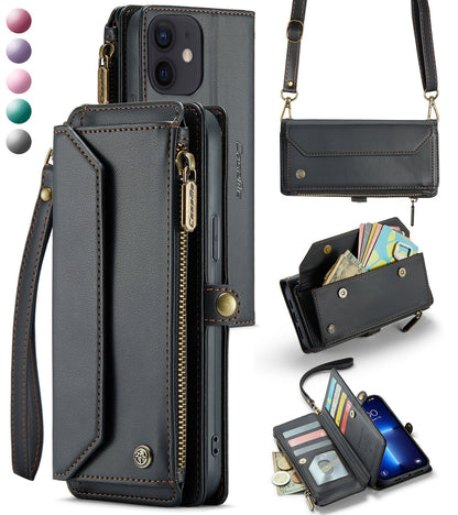 New RFID Blocking Zipper Wallet Supports Wireless Charging with Long and Short Lanyard Leather Phone Case for iPhone
