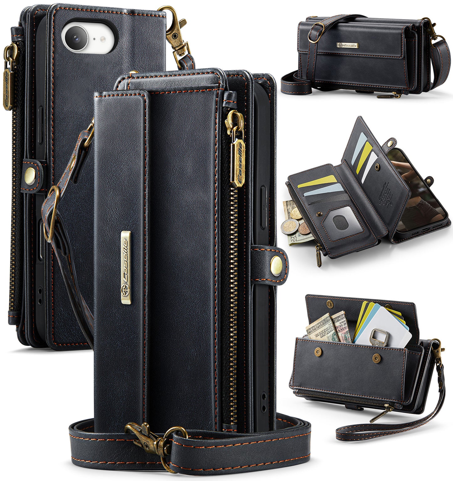 New RFID Blocking Zipper Wallet Supports Wireless Charging with Long and Short Lanyard Leather Phone Case for iPhone16/16e/16 Pro/16 Plus/16 Pro Max