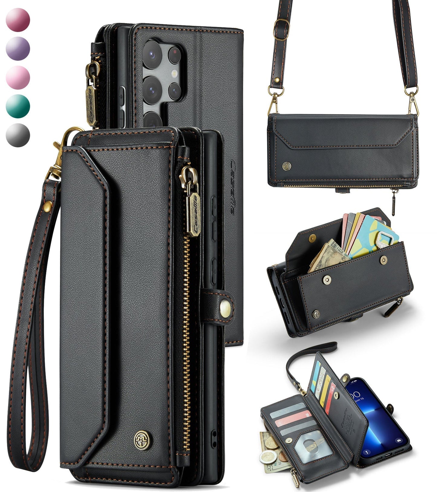 New RFID Blocking Zipper Wallet Supports Wireless Charging with Long and Short Lanyard Leather Phone Case for Samsung Galaxy S25/S25+/S25 Ultra