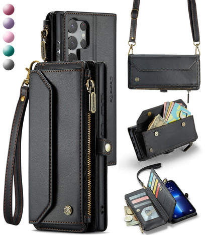 New RFID Blocking Zipper Wallet Supports Wireless Charging with Long and Short Lanyard Leather Phone Case for Samsung Galaxy S25/S25+/S25 Ultra