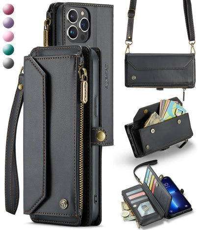 New RFID Blocking Zipper Wallet Supports Wireless Charging with Long and Short Lanyard Leather Phone Case for iPhone16/16e/16 Pro/16 Plus/16 Pro Max