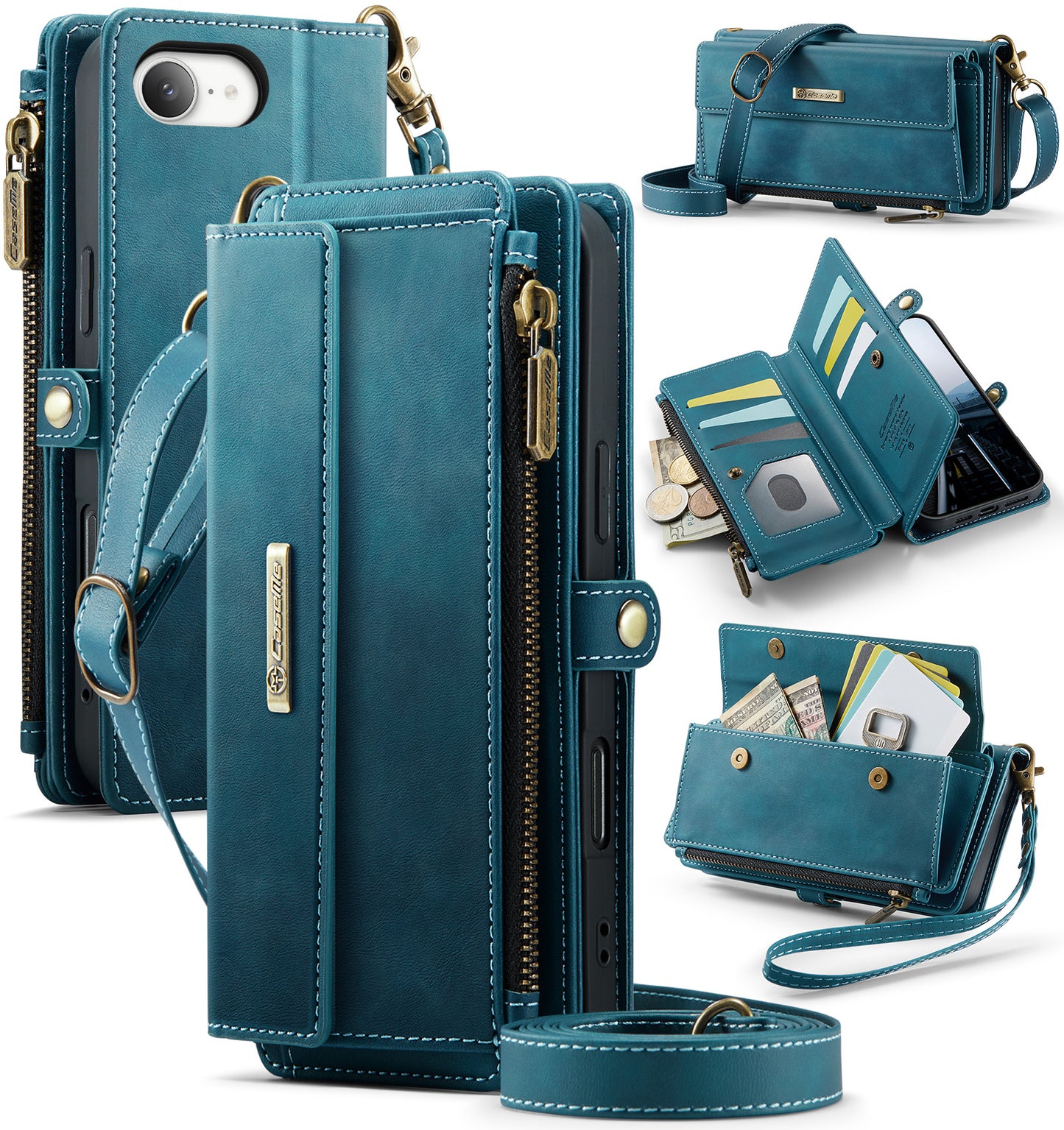 New RFID Blocking Zipper Wallet Supports Wireless Charging with Long and Short Lanyard Leather Phone Case for iPhone16/16e/16 Pro/16 Plus/16 Pro Max