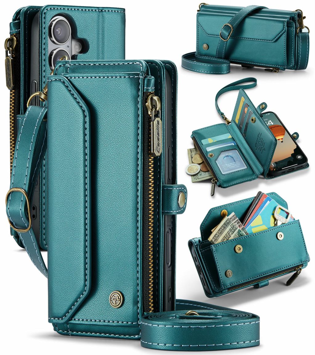 New RFID Blocking Zipper Wallet Supports Wireless Charging with Long and Short Lanyard Leather Phone Case for iPhone16/16e/16 Pro/16 Plus/16 Pro Max