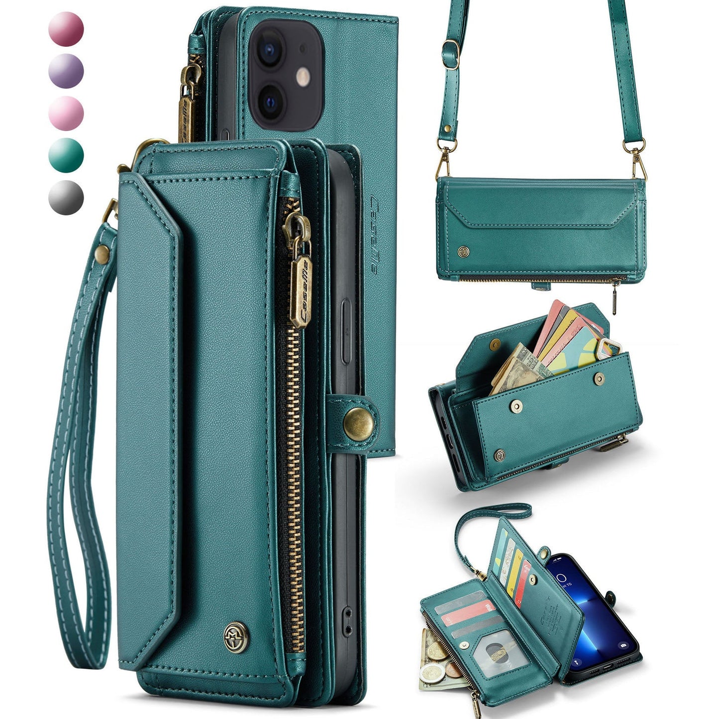 New RFID Blocking Zipper Wallet Supports Wireless Charging with Long and Short Lanyard Leather Phone Case for iPhone 11/11 Pro/11 Pro Max