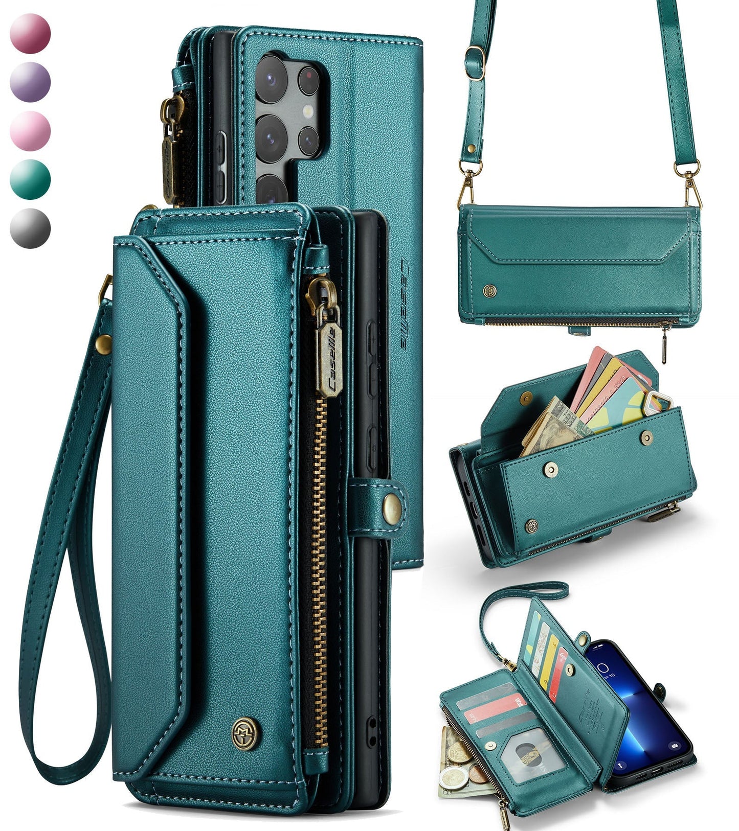 New RFID Blocking Zipper Wallet Supports Wireless Charging with Long and Short Lanyard Leather Phone Case for Samsung Galaxy S25/S25+/S25 Ultra